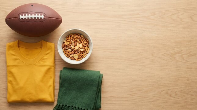 Yellow football jersey with ball, snacks, and green scarf on wooden surface