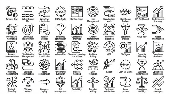 A collection of various business and technology icons are shown.