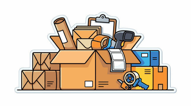 Colorful cartoon illustration of various office supplies and shipping materials