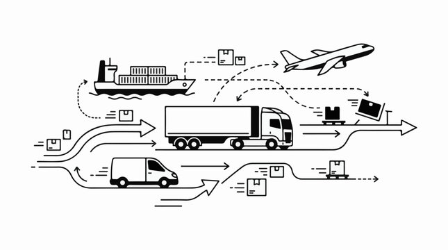 Logistics and transportation system with truck, ship, plane, and van