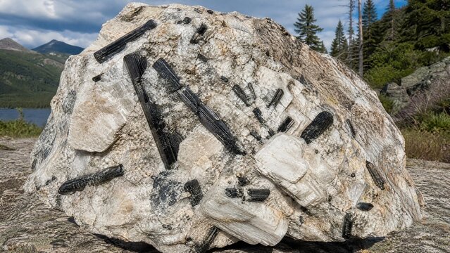 Granite pegmatite specimen with black tourmaline and white feldspar crystals.