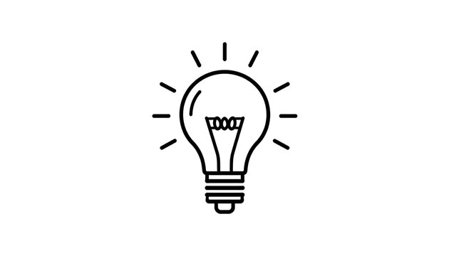 Isolated light bulb outline symbol with radiating lines, representing ideas and innovation, simple line art for concepts.