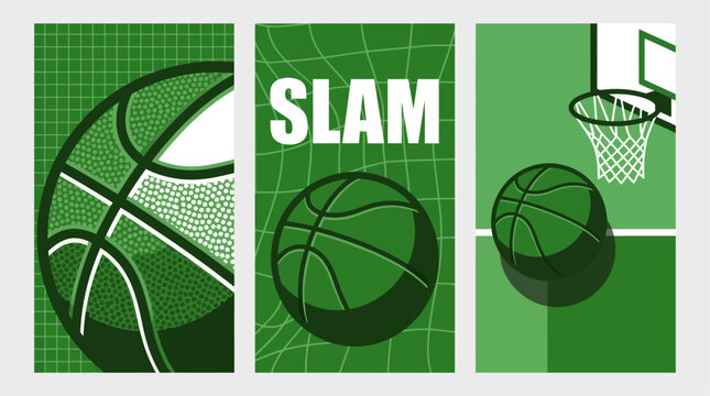 A basketball player slam dunks the ball into the hoop on a green court with illustrations.