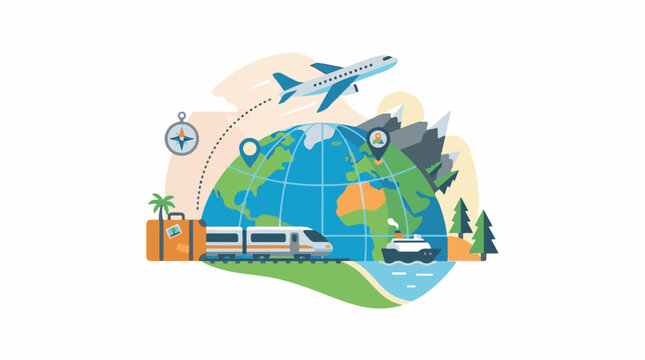 A globe with a plane train and boat