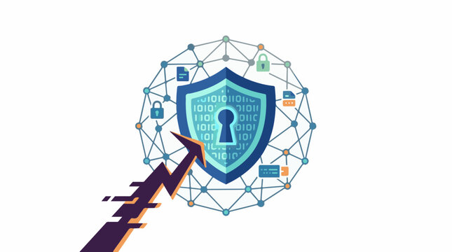A shield with a keyhole and binary code surrounded by a network of lines
