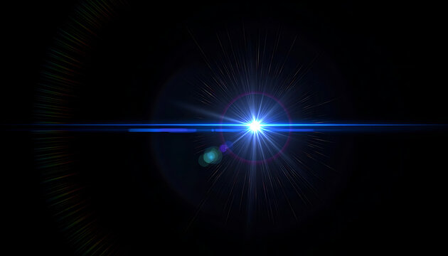 Lens flare effect with bright blue light bursting from center, starburst and bokeh, digital illustration