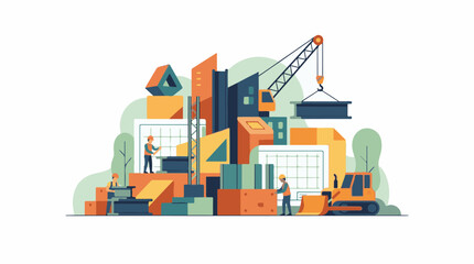 Fototapeta premium Illustration of construction site with workers and machinery