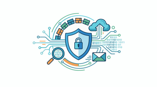 A blue shield with a padlock surrounded by circuit lines a magnifying glass and binary code