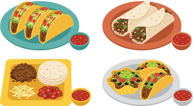Mexican Food Taco and Burrito Combo Platter Set with Hard Shell Tacos Soft Wraps Taco Salad Tortillas and Salsa Vector Illustrations for Menu Design