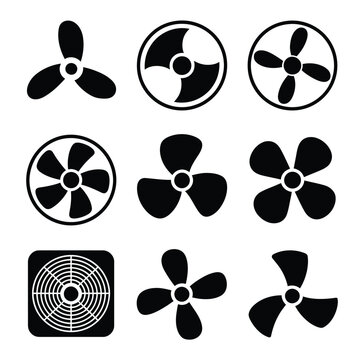 Fan ventilation icon collection, black and white cooling airflow symbols for appliances, HVAC systems and modern interface designs.