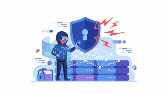 A cartoon hacker wearing a mask and goggles interacts with a shield