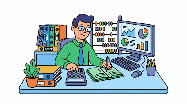 A man in a green shirt sits at a desk with a computer and calculator