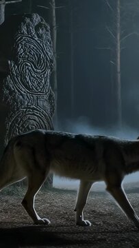 Vertical video: Walking adult wolf drawn by moonlight, crossing pine clearing, passing carved stone