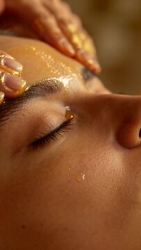 Vertical video: Placing therapist hands spreading oil on client brow at spa for glow with droplets
