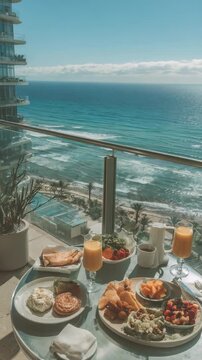 Luxurious breakfast setup on a sunny balcony overlooking the ocean, with fresh fruit, pastries, and juice. Perfect morning vibes for relaxation and vacation inspiration