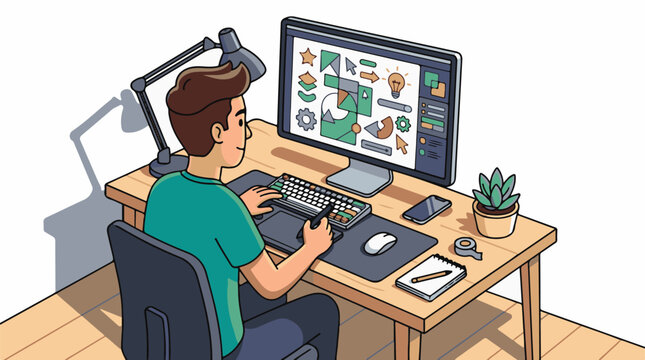 A man sits at a desk working on a computer with various office supplies