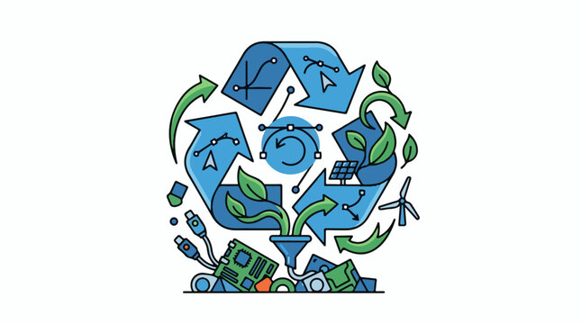 A recycling symbol made of arrows with green leaves and technology elements