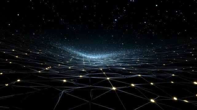 Futuristic digital landscape with glowing grid points and a curved horizon in deep space. Abstract visualization of data flow and network connections in a cosmic environment