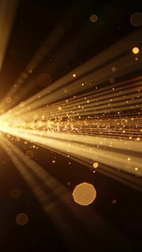 Vertical video: Emitting left golden point sending rays and glitter across black void, prism bokeh
