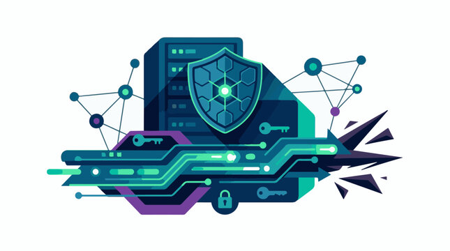 A futuristic graphic of a shield on a computer with circuit boards and keys