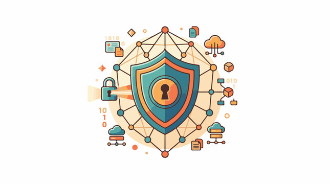 A shield with a keyhole surrounded by network icons and binary code on a white background