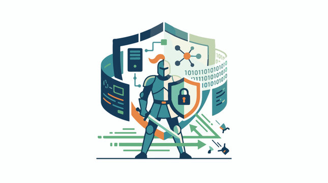 A knight in armor holds a shield with a lock surrounded by digital elements and code