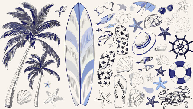 Nautical Illustration Set Featuring Surfboard Palm Leaves Shells And Marine Life In Blue Tones beachcombing