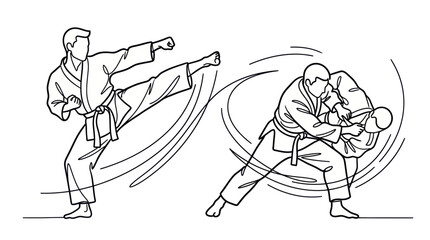 Martial arts athletes performing karate kick and judo grappling © bolo