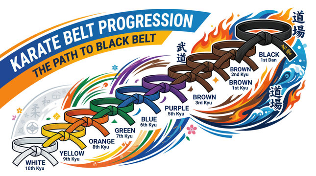 Martial arts belt ranking system from white belt to black belt