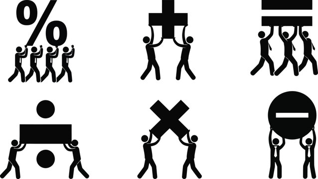 Teamwork concept icons people holding mathematical symbols like percentage division multiplication subtraction and equals for business or education isolated on white