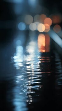 Abstract city lights reflect on wet asphalt at night, creating a dreamy bokeh effect with shimmering water ripples. Urban atmosphere and moody ambiance dominate the scene