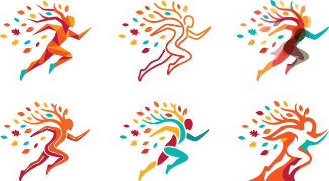 Abstract Colorful Running Man Logo Icon Set with Autumn Leaves and Geometric Tree Elements for Sports Fitness Wellness and Corporate Branding Designs