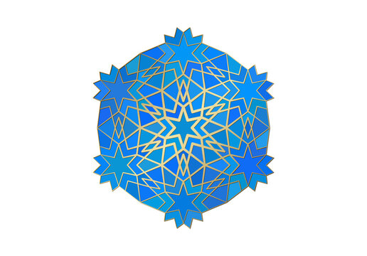 Blue and gold Islamic geometric rosette ornament, isolated on a transparent background, with intricate star and interlace pattern