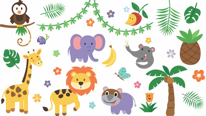 Fototapeta premium Cartoon safari animals and tropical foliage a colorful vector illustration on a white background african wildlife