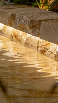 Vertical video: Droplet hitting stone coping, shallow pool making concentric ripples under warm LED