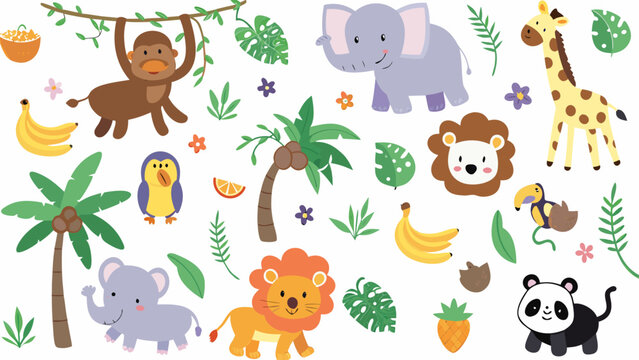Cartoon safari animals and tropical plants a colorful vector illustration on a white background animal