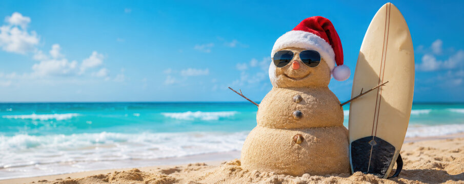 Smiling Santa sandy snowman in red santa hat and stylish sunglasses smiling on the sea beach with copy space, concept of winter holiday, Merry Christmas, happy summer time.