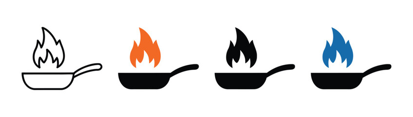 Cooking pan icons with fire flames featuring linear and solid styles for culinary design and restaurant website interfaces. © Gary D. Marlow