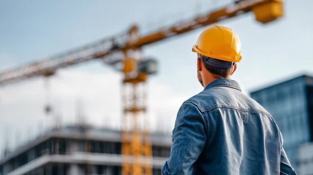 Confident construction engineer in a yellow hard hat supervises a modern building site with cranes in the background. He observes progress and ensures safety compliance on location