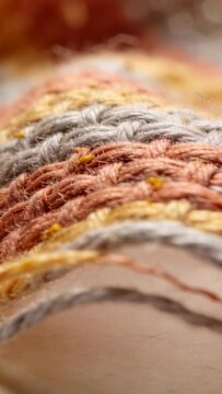 Vertical video: Pulling focus camera revealing knit in macro, exposing yellow flecks and bare skin