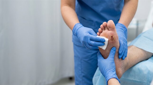 Doctor cleaning diabetic foot ulcer in medical clinic