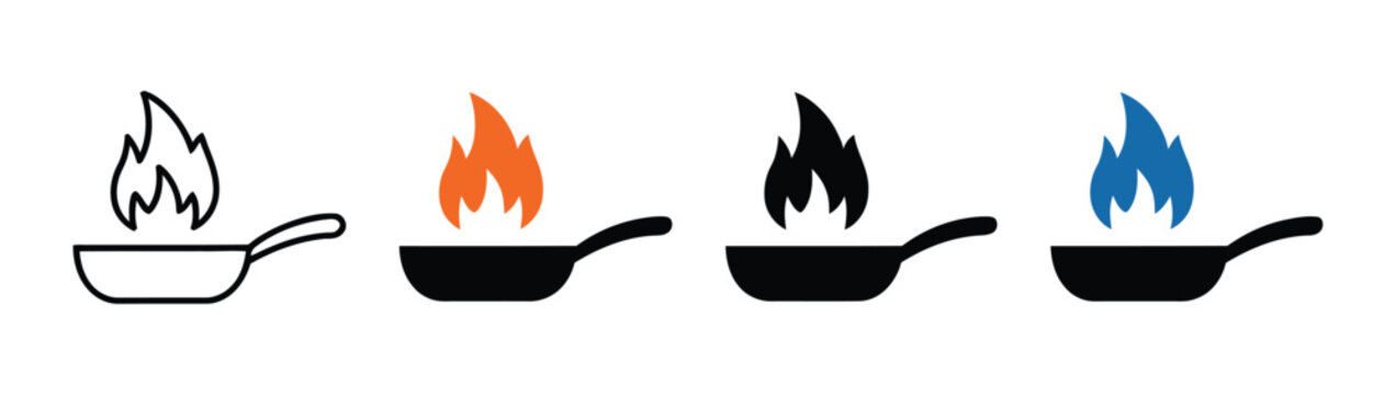 Cooking pan icons with fire flames featuring linear and solid styles for culinary design and restaurant website interfaces.