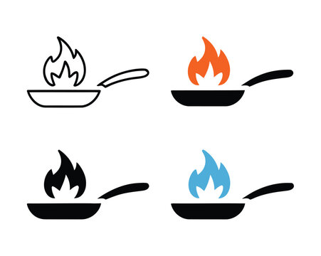 Cooking pan icons with fire flames featuring linear and solid styles for culinary design and restaurant website interfaces.