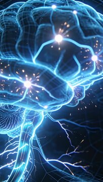 Vertical video: Nodes lighting, glowing wireframe brain sending pulses down brainstem in dark void