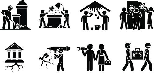 Obraz premium Diverse set of stick figure icons illustrating construction repair and maintenance services perfect for workforce home improvement and problem-solving concepts