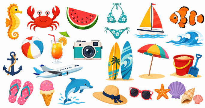 Set of summer holiday stickers. Cute summer elements for scrapbooking. Hello summer. Vacation or relaxing on beach. Flat vector collection on white isolated background.