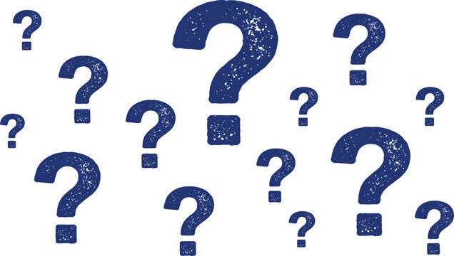 Blue Question Mark Pattern Set with Grunge Texture Stamp Style Icons for Frequently Asked Questions Help Desk and Support Graphic Designs
