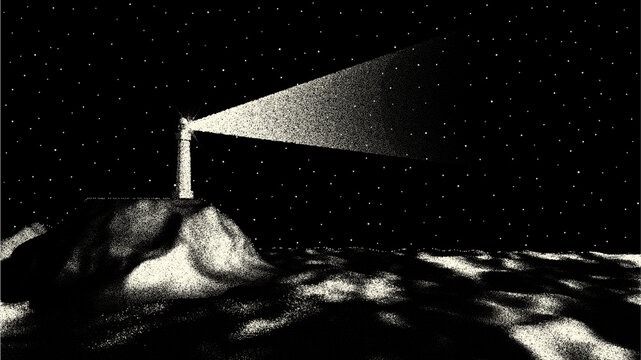 Retro stipple dot art lighthouse projecting a wide beam across a dark starry night sky over rugged rocky coast with reflected light on the sea
