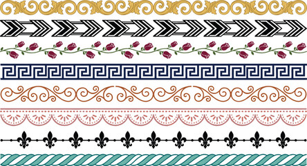 Decorative Border and Pattern Set with Vintage Gold Scrolls Greek Key Rose Vines Lace and Fleur De Lis Elements for Graphic Design © Rajiya