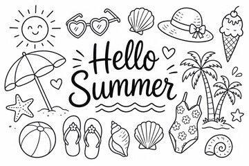Obraz premium Big collection of summer theme hand drawn doodles. Vector illustration